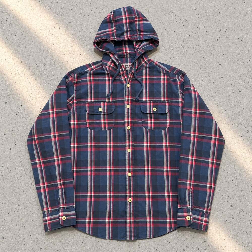 Aeropostale Blue Red Plaid Button Down Flannel Hoodie Shirt Size L